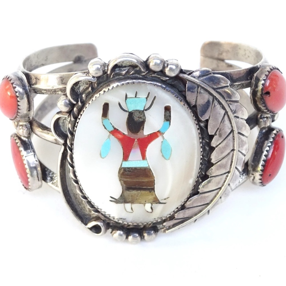 Vintage Signed Zuni Muliti Stone Inlay Kachina with Coral accent Stones Cuff